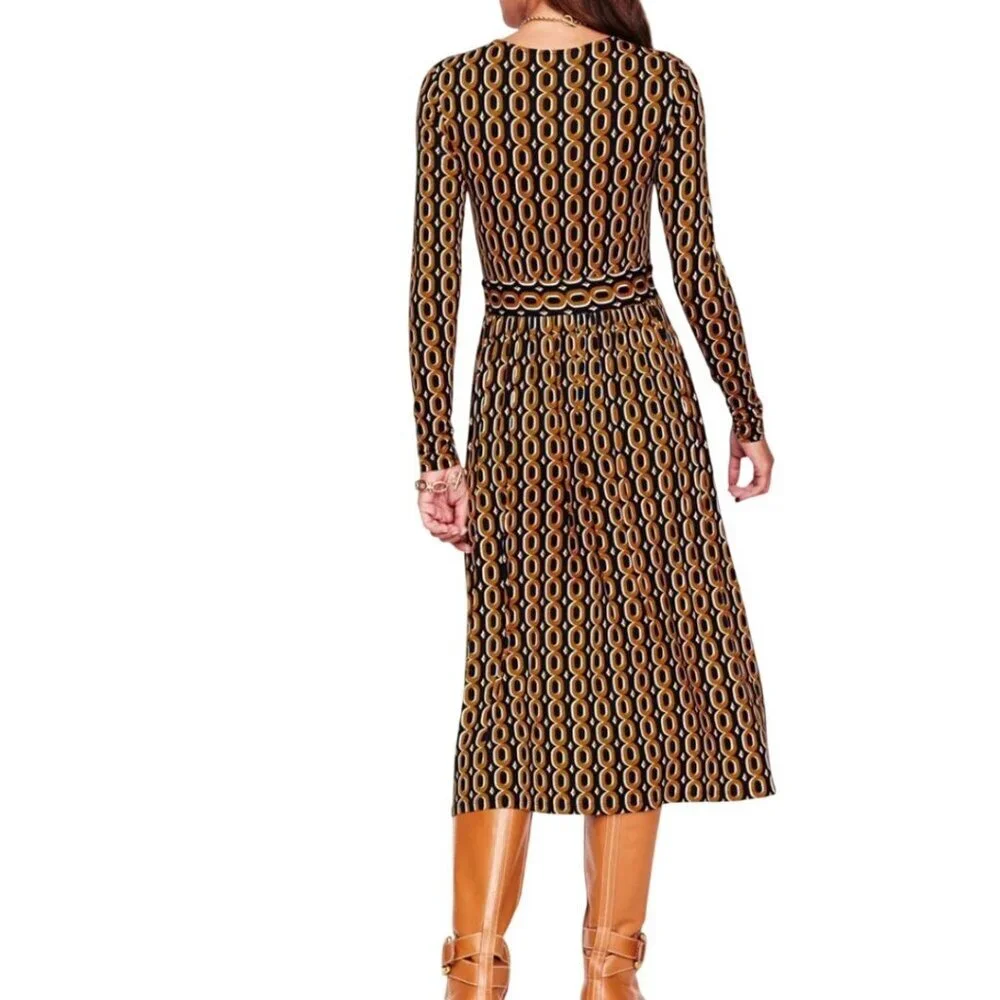 Boden NWT Thea Long Sleeve Jersey Dress Ochra Chain Midi Size 16-18R